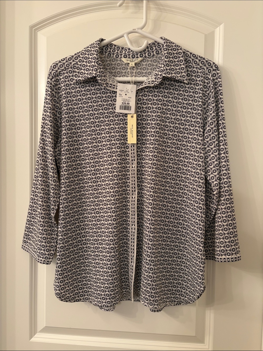 NWT Patterned Button-Front 3/4 Sleeve Shirt - Black & White